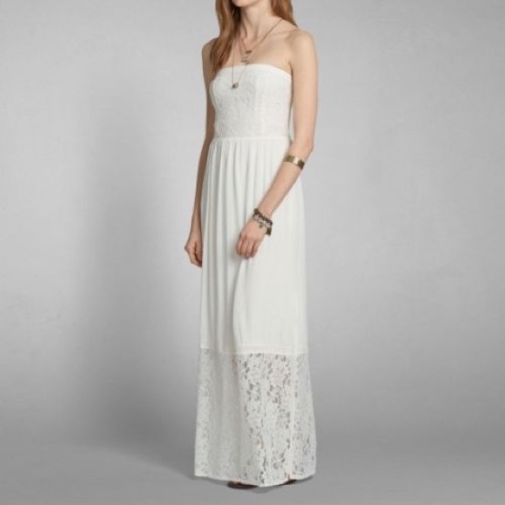 Abercrombie & Fitch White Strapless Lace Maxi Dress